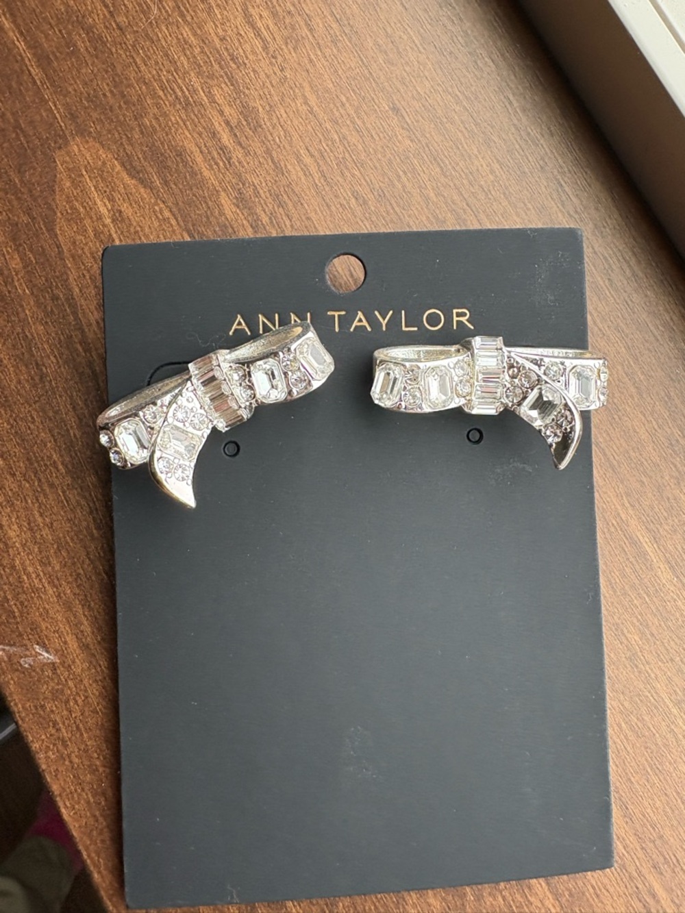 Ann Taylor Silver Crystal Bow Clip Earrings